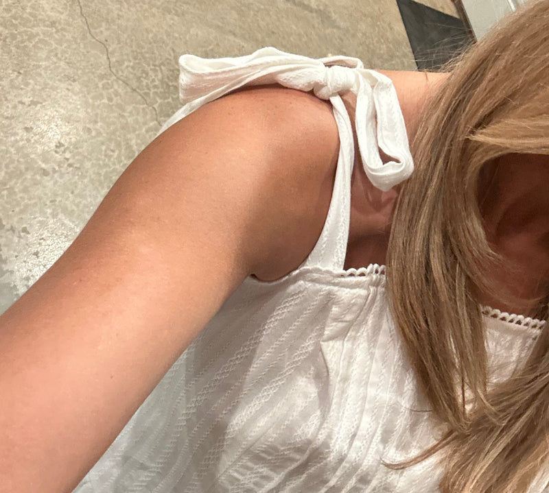 White Shoulder Tie Mini Dress