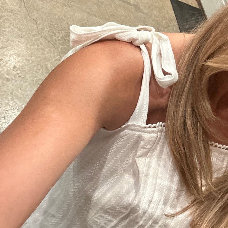 White Shoulder Tie Mini Dress