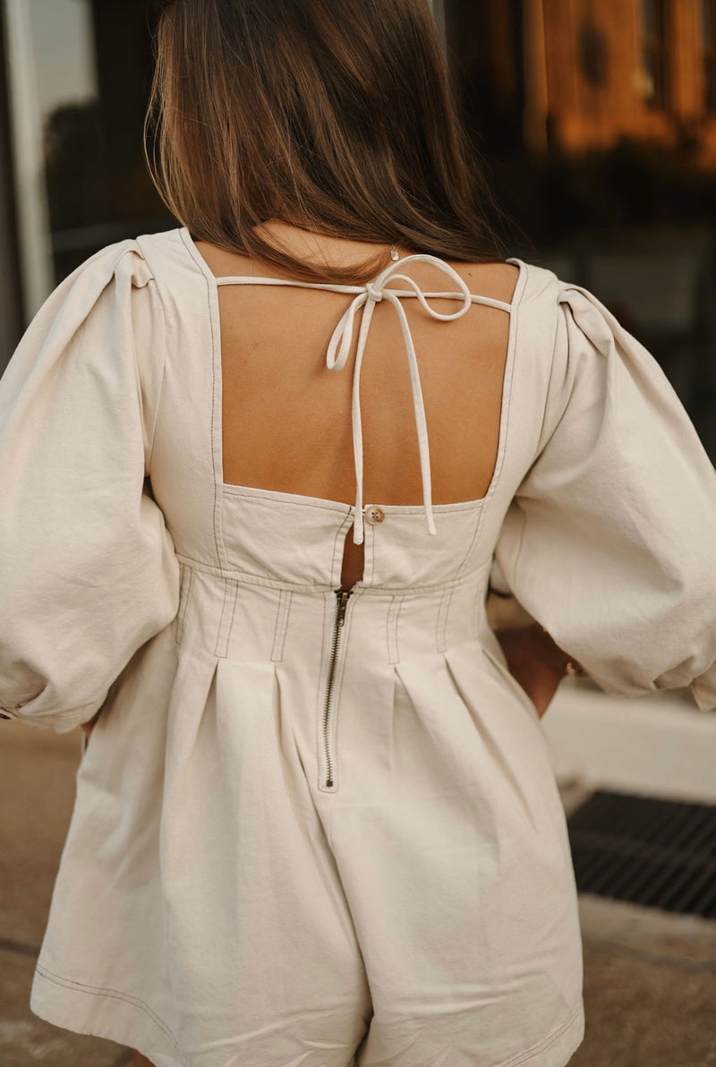 Oaklyn Puff Sleeve Romper-Beige
