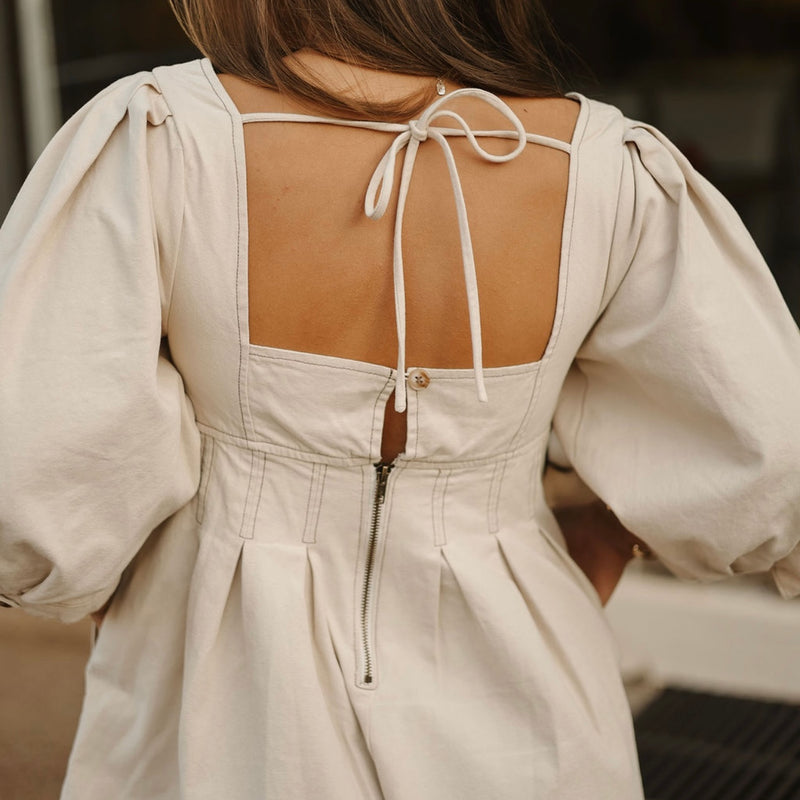 Oaklyn Puff Sleeve Romper-Beige
