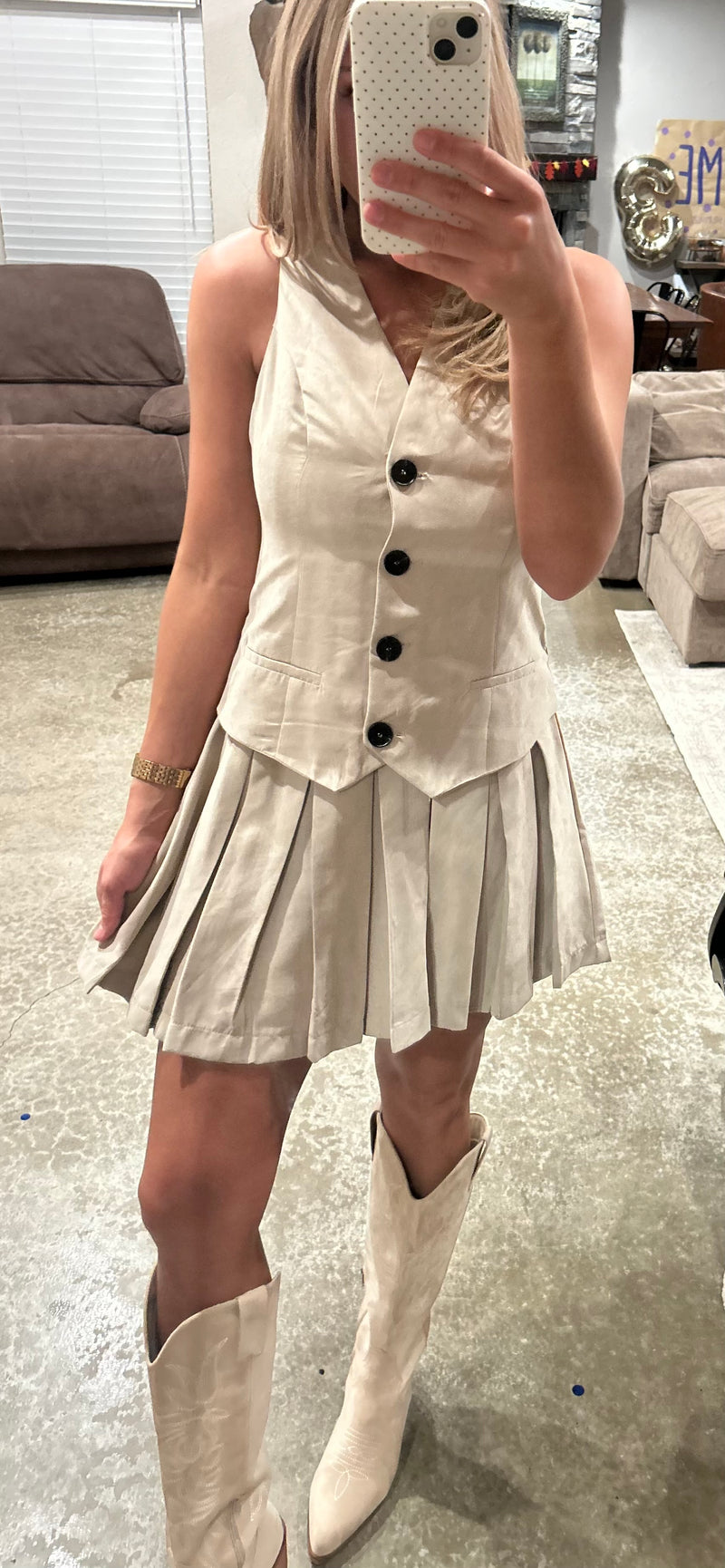 Pleated Button Down Mini Dress