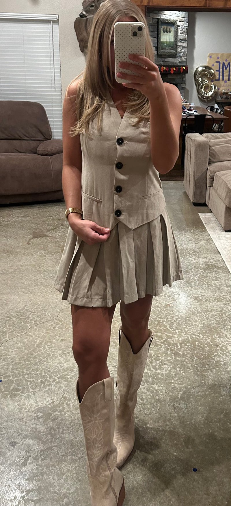 Pleated Button Down Mini Dress