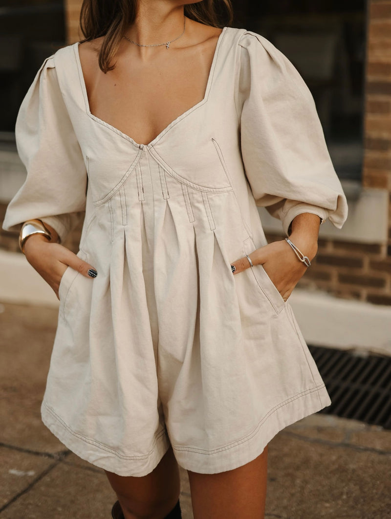 Oaklyn Puff Sleeve Romper-Beige