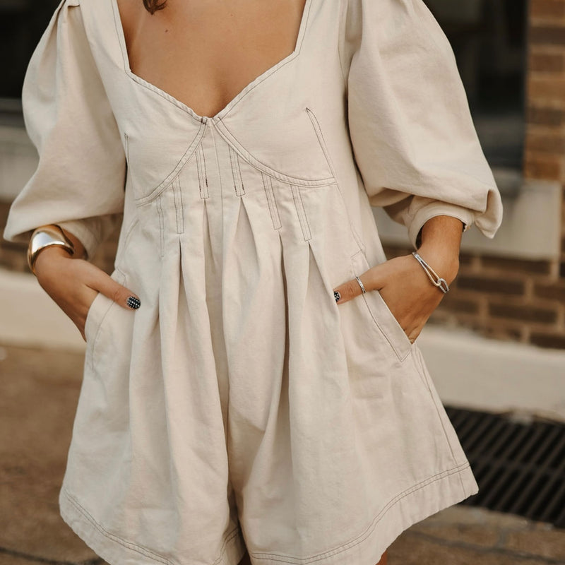 Oaklyn Puff Sleeve Romper-Beige