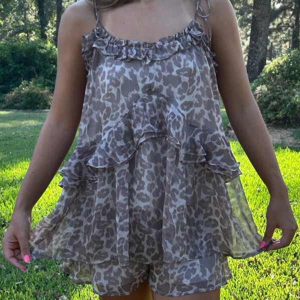 Leopard Shoulder Tie Romper