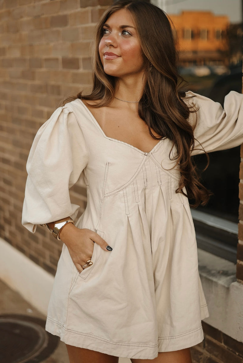 Oaklyn Puff Sleeve Romper-Beige
