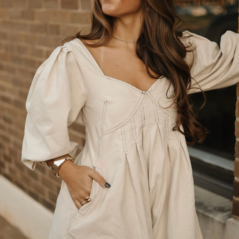 Oaklyn Puff Sleeve Romper-Beige