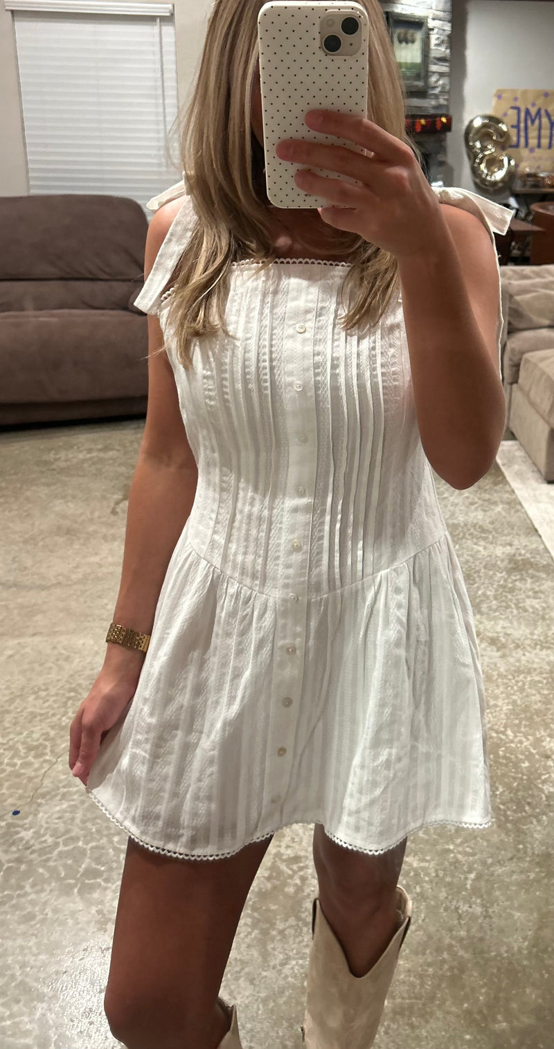 White Shoulder Tie Mini Dress