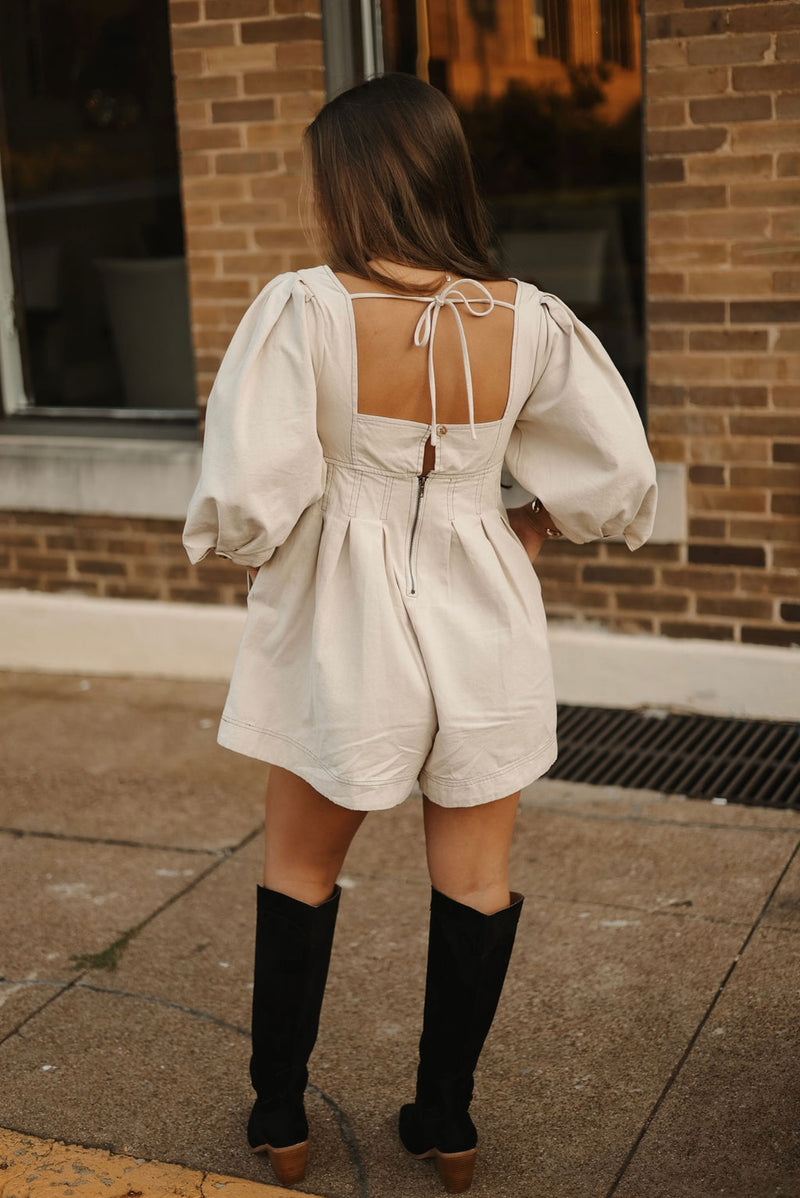 Oaklyn Puff Sleeve Romper-Beige