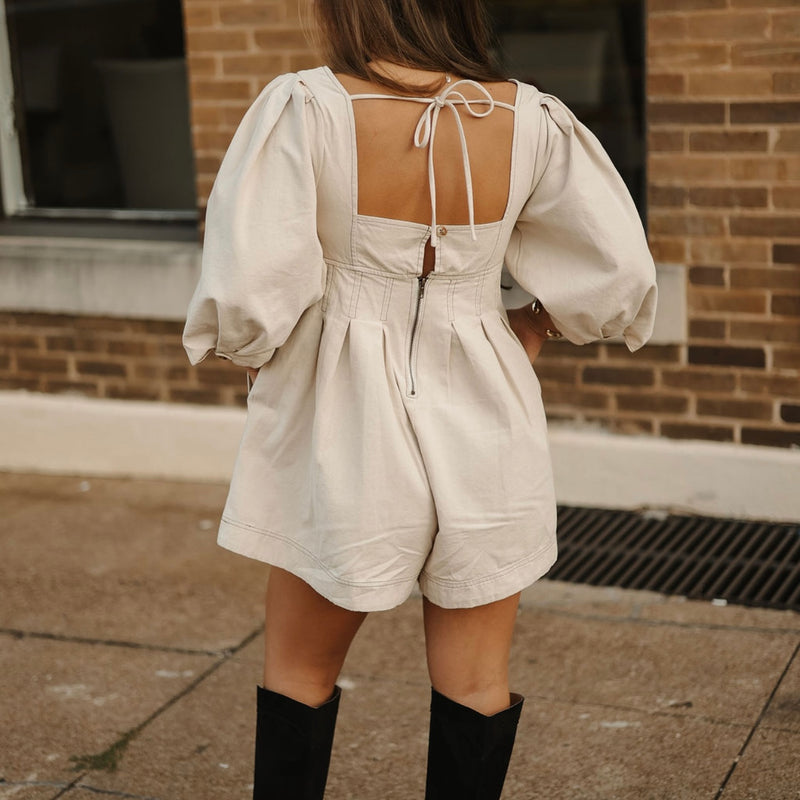 Oaklyn Puff Sleeve Romper-Beige