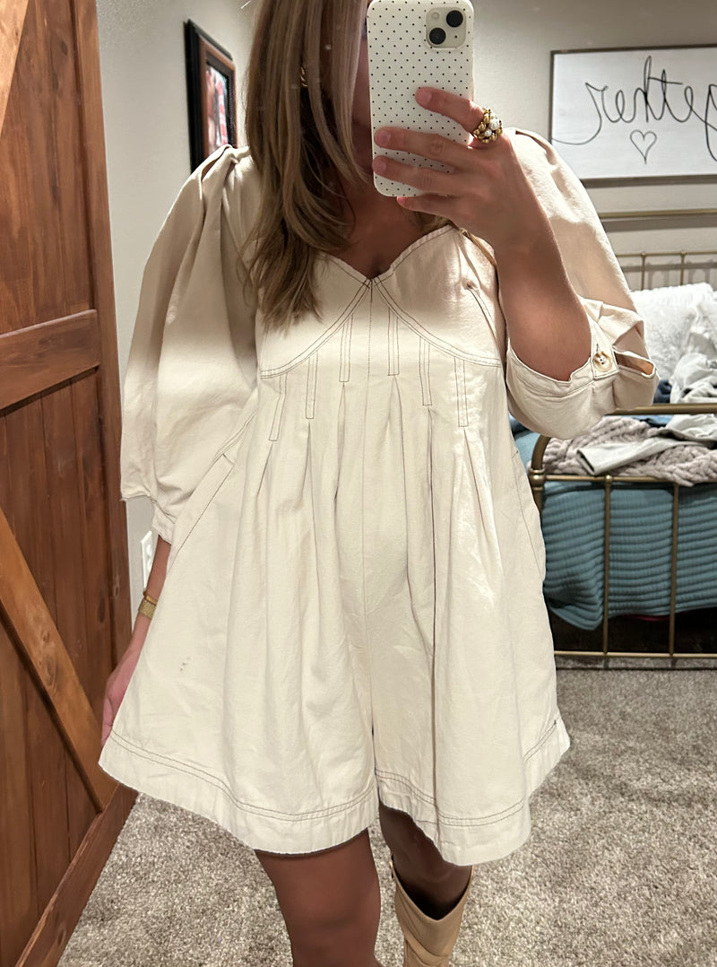 Oaklyn Puff Sleeve Romper-Beige