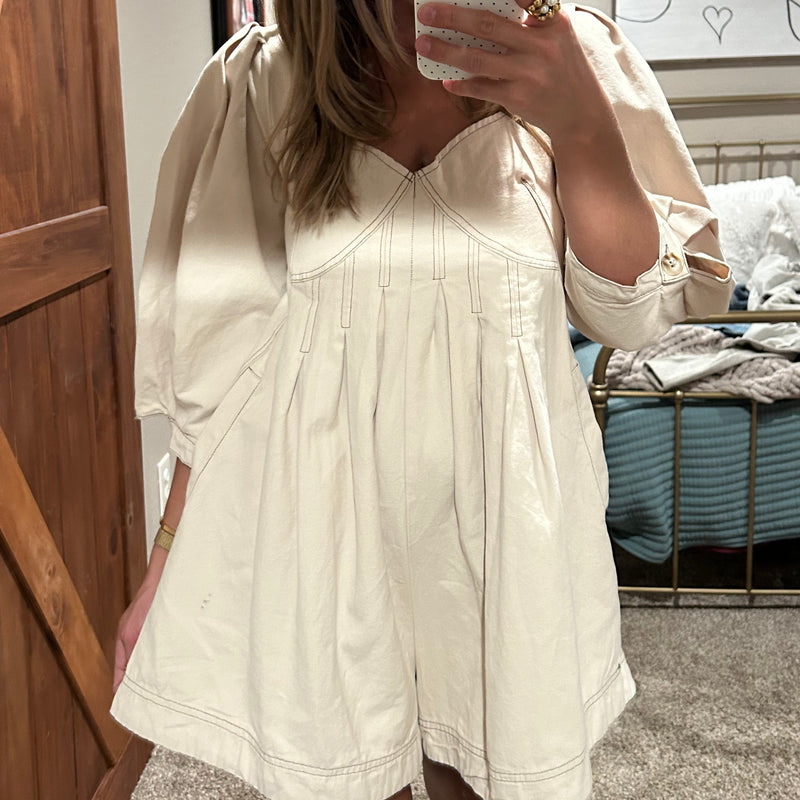 Oaklyn Puff Sleeve Romper-Beige